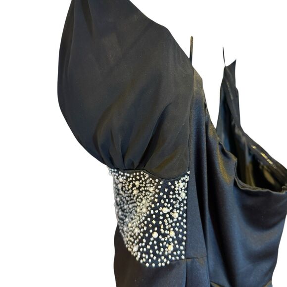 Nicole Miller Platinum Black Halter Evening Gown Size 16 Rhinestone Waist - Picture 10 of 16